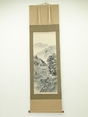 青治筆　水墨山水　肉筆絹本掛軸（保護箱）